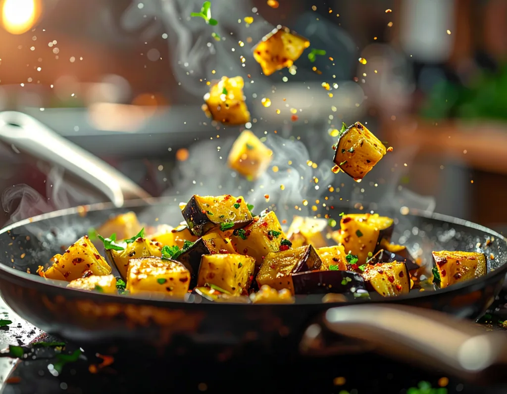 Gros plan sur des cubes d'aubergine dorant dans une poêle, une étape clé de la recette ratatouille pour préserver le goût des ingrédients.