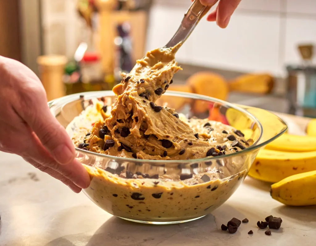 Gros plan sur la préparation de la recette banana bread healthy, avec incorporation de pépites de chocolat dans la pâte à gâteau.
