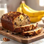 Une recette banana bread healthy moelleux, issue de notre recette facile, posée sur une planche en bois avec des pépites de chocolat visibles.