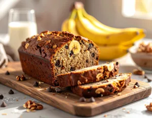 Une recette banana bread healthy moelleux, issue de notre recette facile, posée sur une planche en bois avec des pépites de chocolat visibles.