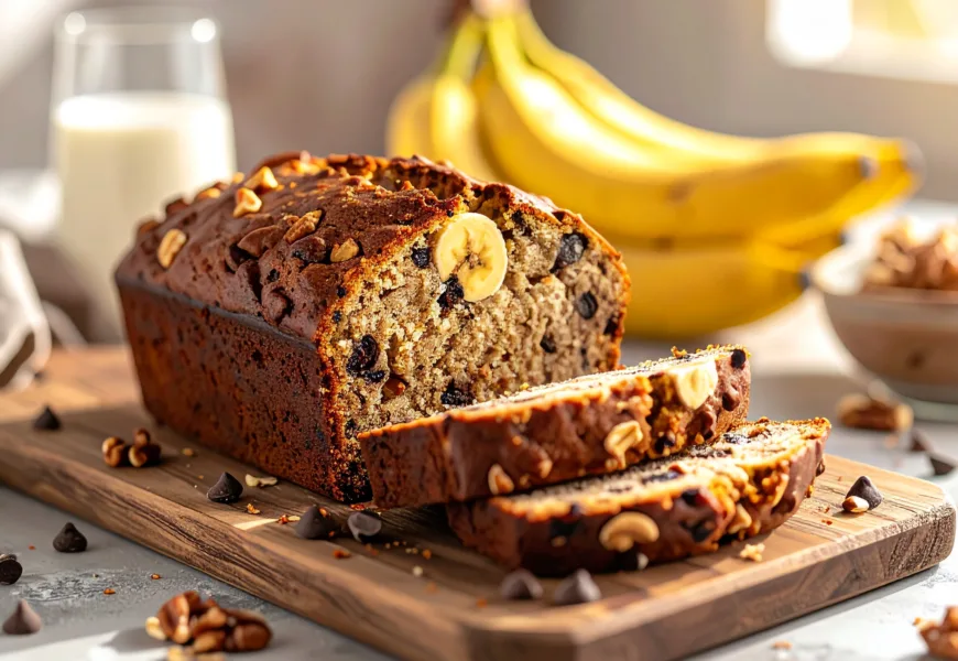 Une recette banana bread healthy moelleux, issue de notre recette facile, posée sur une planche en bois avec des pépites de chocolat visibles.