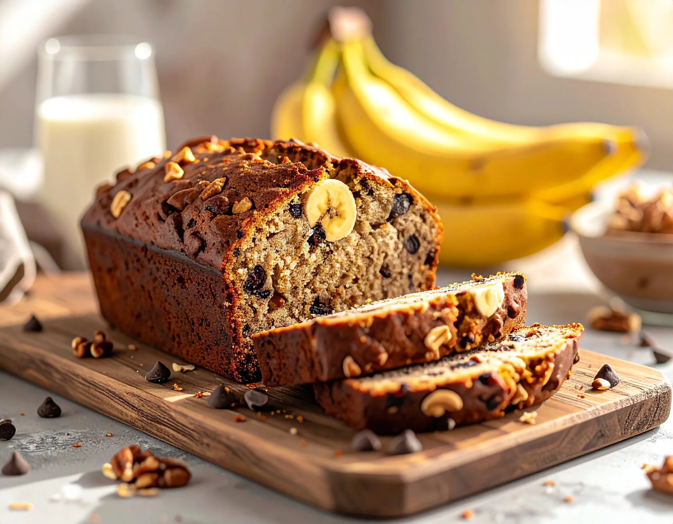 Une recette banana bread healthy moelleux, issue de notre recette facile, posée sur une planche en bois avec des pépites de chocolat visibles.