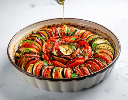 Ratatouille façon Confit Byaldi avec des légumes en fines rondelles disposées en spirale, illustrant une alternative à la recette ratatouille classique.