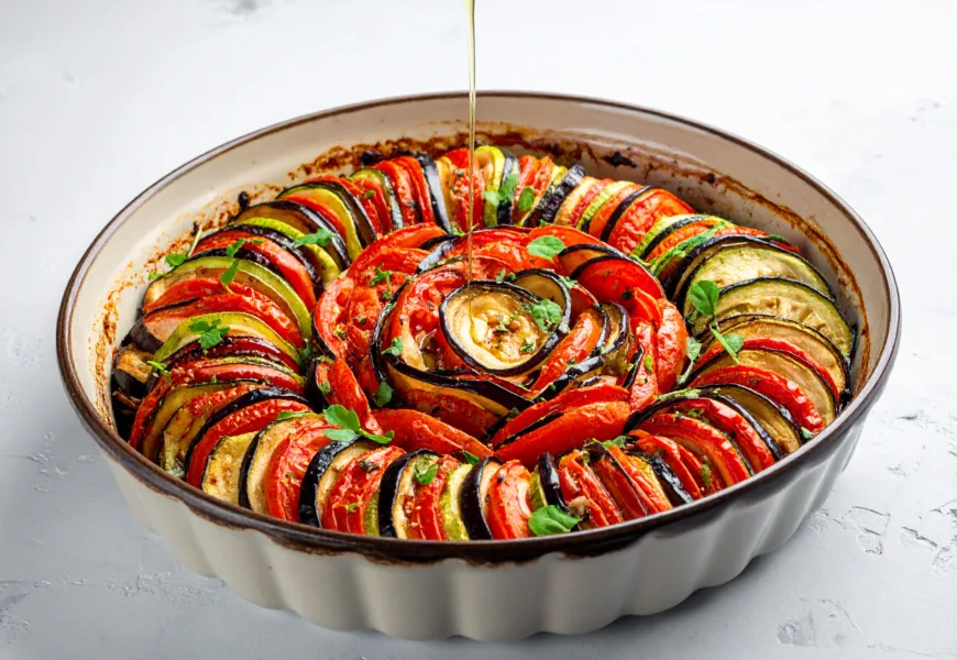Ratatouille façon Confit Byaldi avec des légumes en fines rondelles disposées en spirale, illustrant une alternative à la recette ratatouille classique.