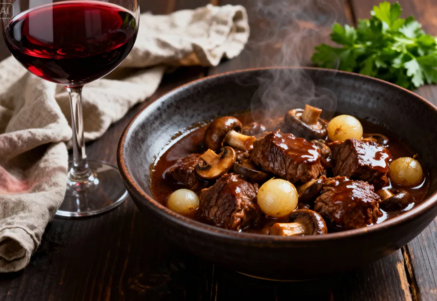 Recette boeuf bourguignon traditionnelle servie dans un bol rustique.