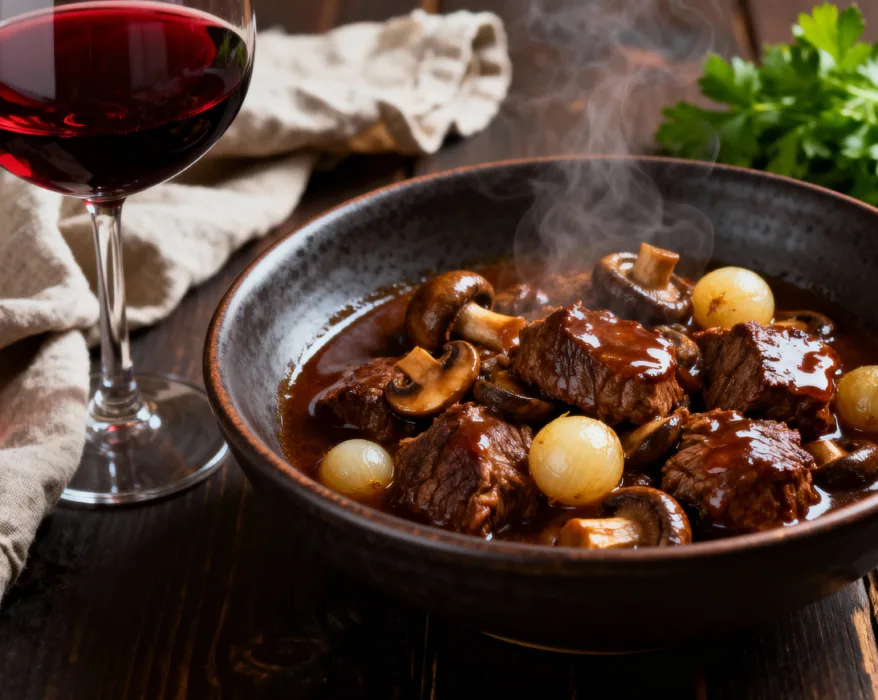 Recette boeuf bourguignon traditionnelle servie dans un bol rustique.