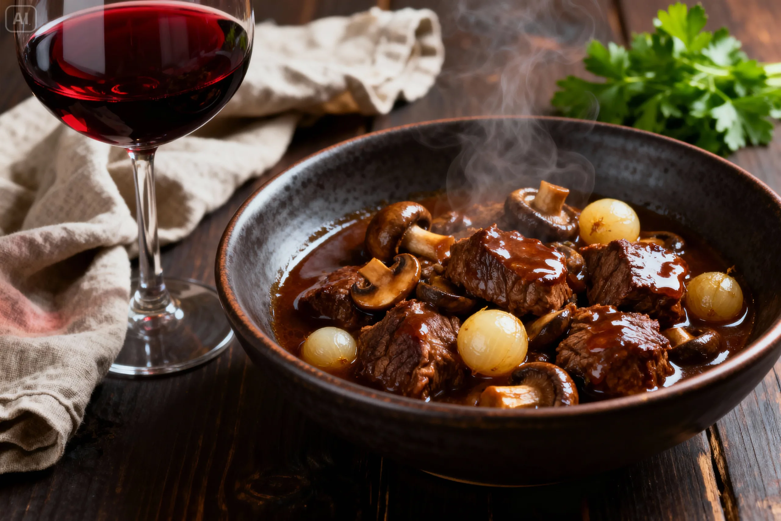 Recette boeuf bourguignon traditionnelle servie dans un bol rustique.