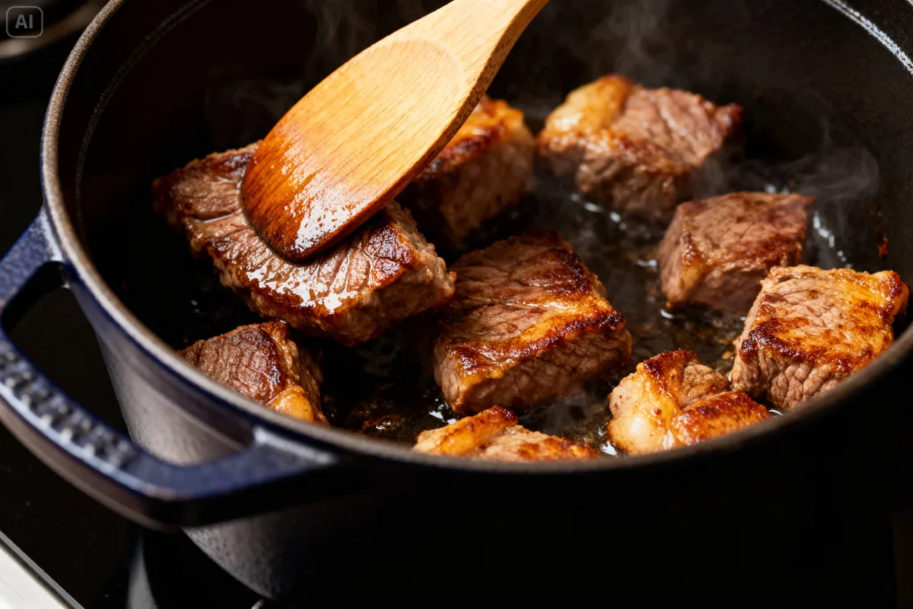 Sauce onctueuse de la recette bœuf bourguignon de grand-mère.