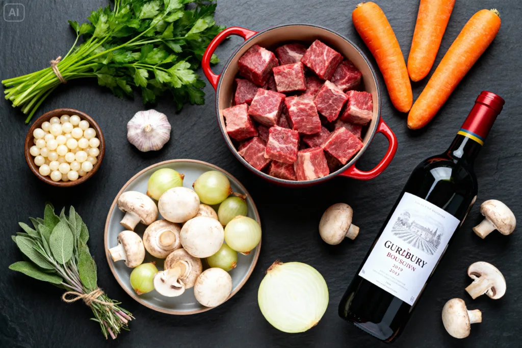 Ingrédients frais pour la recette bœuf bourguignon.