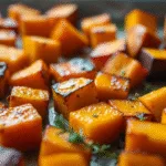 Gros plan sur des cubes de butternut rôtis et caramélisés, une méthode de cuisson simple pour une recette butternut délicieuse.