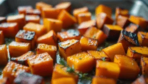 Gros plan sur des cubes de butternut rôtis et caramélisés, une méthode de cuisson simple pour une recette butternut délicieuse.