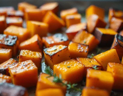 Gros plan sur des cubes de butternut rôtis et caramélisés, une méthode de cuisson simple pour une recette butternut délicieuse.