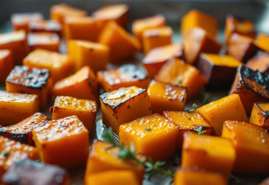 Gros plan sur des cubes de butternut rôtis et caramélisés, une méthode de cuisson simple pour une recette butternut délicieuse.
