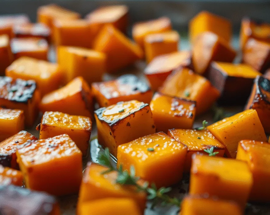 Gros plan sur des cubes de butternut rôtis et caramélisés, une méthode de cuisson simple pour une recette butternut délicieuse.