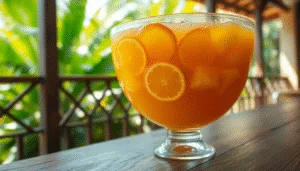 Une grande vasque en verre remplie d'une punch recette antillaise, décorée de rondelles d'oranges et de citrons verts, prête à être servie lors d'une fête ensoleillée.