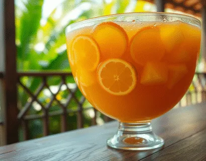 Une grande vasque en verre remplie d'une punch recette antillaise, décorée de rondelles d'oranges et de citrons verts, prête à être servie lors d'une fête ensoleillée.
