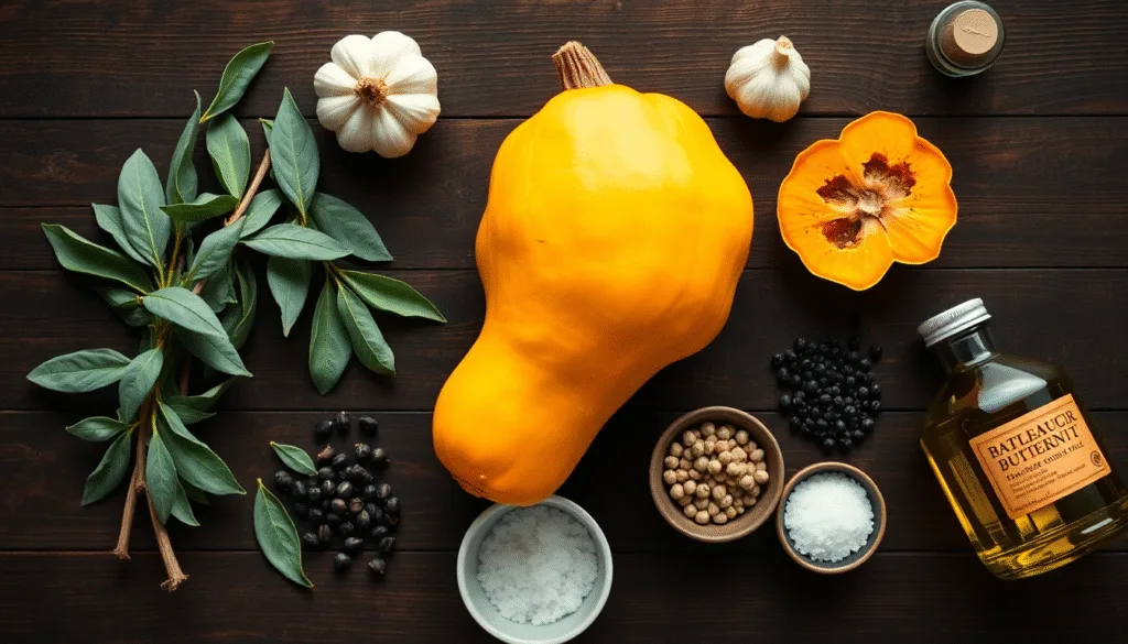 Une courge butternut entière sur une table en bois, entourée d'ingrédients comme la sauge et l'ail, prête pour une recette butternut savoureuse.