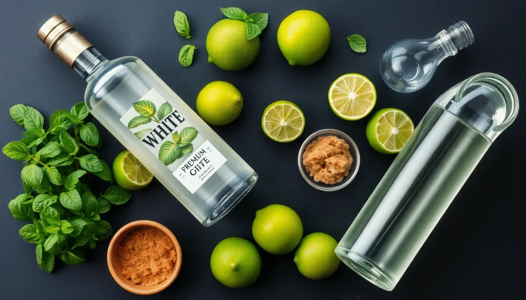 Une photo d'une recette mojito classique servie dans un grand verre, avec de la menthe fraîche, un quartier de citron vert et de la glace pilée.