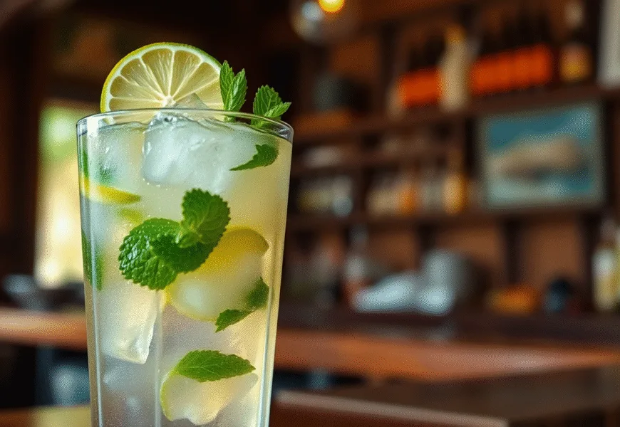 Les ingrédients essentiels pour la recette mojito : rhum blanc, menthe, citrons verts, et sucre de canne, joliment disposés sur une ardoise.