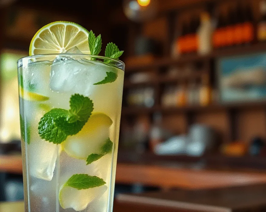Les ingrédients essentiels pour la recette mojito : rhum blanc, menthe, citrons verts, et sucre de canne, joliment disposés sur une ardoise.