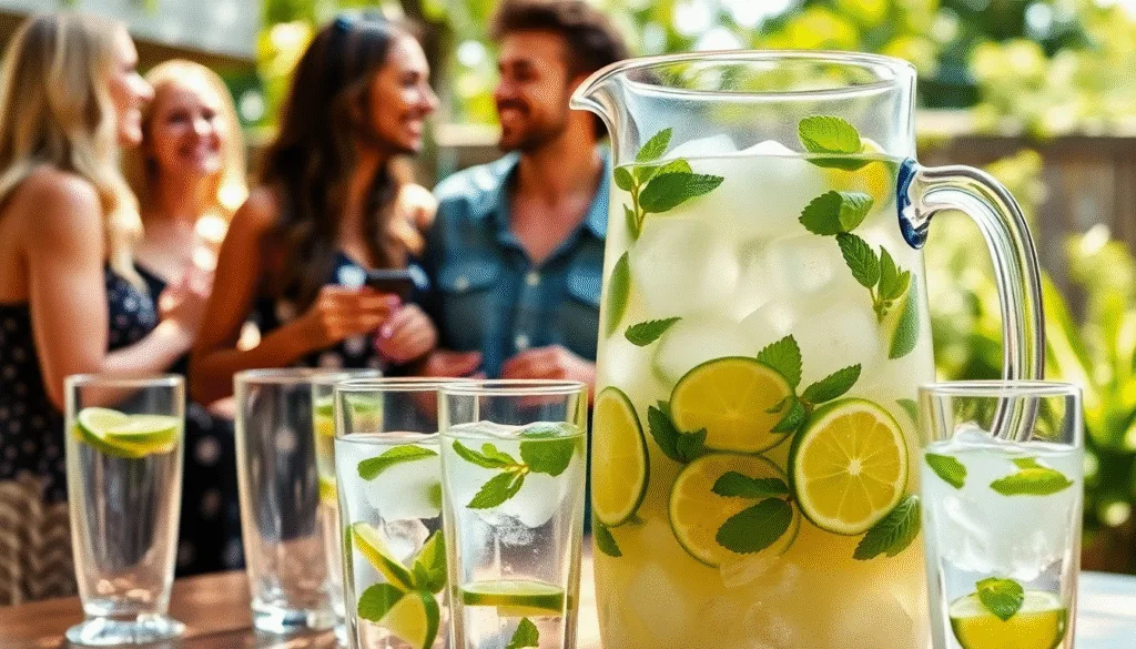 Une carafe de 1L préparée avec la recette mojito pour une fête, remplie de menthe et de citrons, prête à être servie.