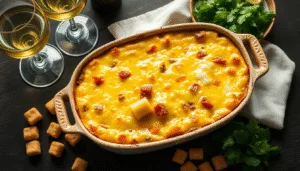 Une authentique croziflette recette savoyarde servie dans un plat en céramique, avec le Reblochon parfaitement gratiné.