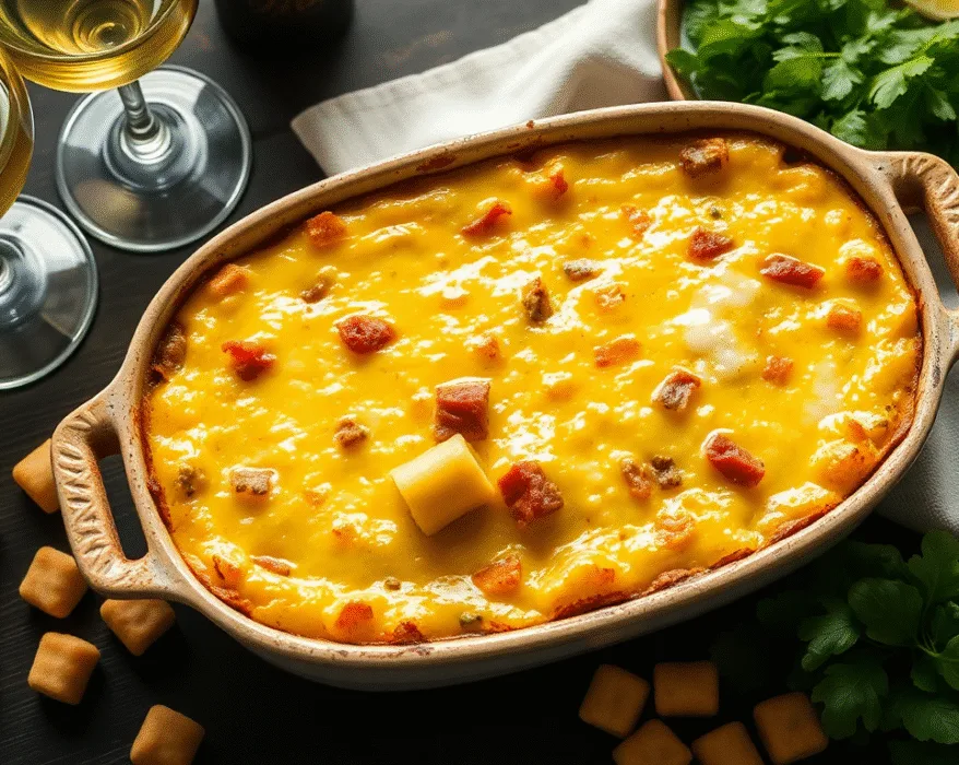 Une authentique croziflette recette savoyarde servie dans un plat en céramique, avec le Reblochon parfaitement gratiné.