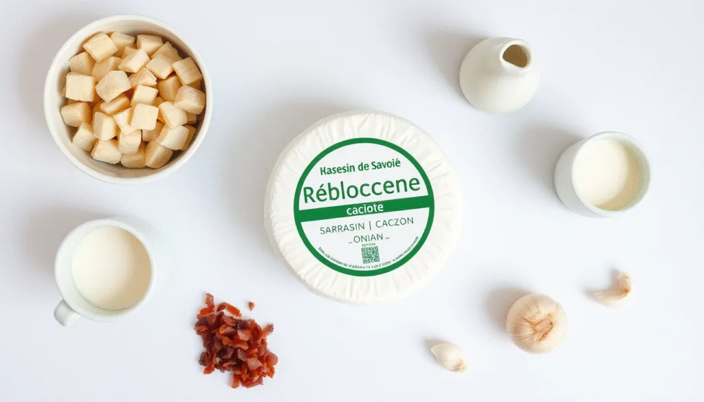 Les ingrédients clés pour la croziflette recette : crozets au sarrasin, un Reblochon fermier, des lardons fumés et de la crème.