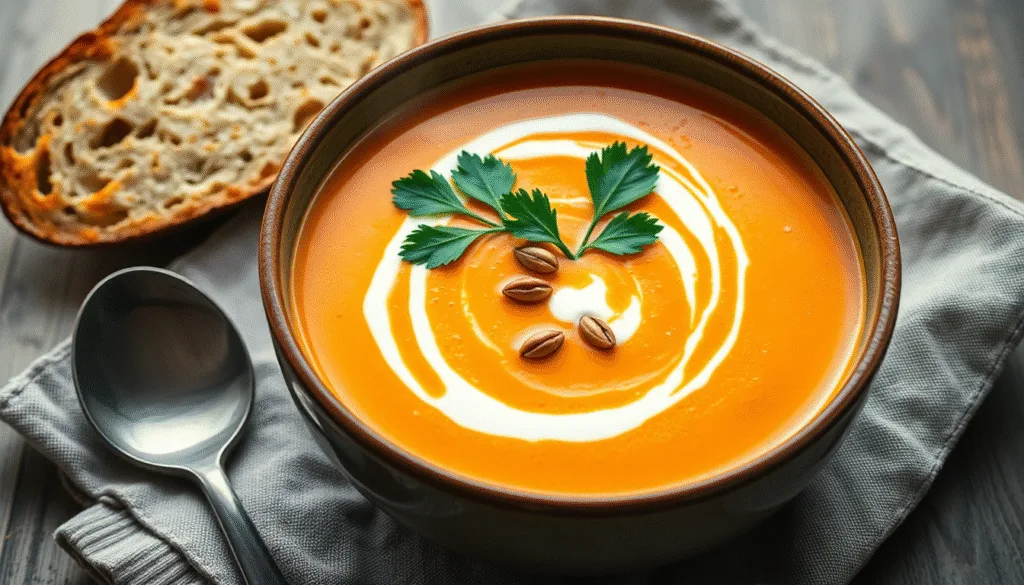 Un bol de velouté de butternut crémeux, décoré de graines grillées, illustrant une recette butternut parfaite pour l'automne.