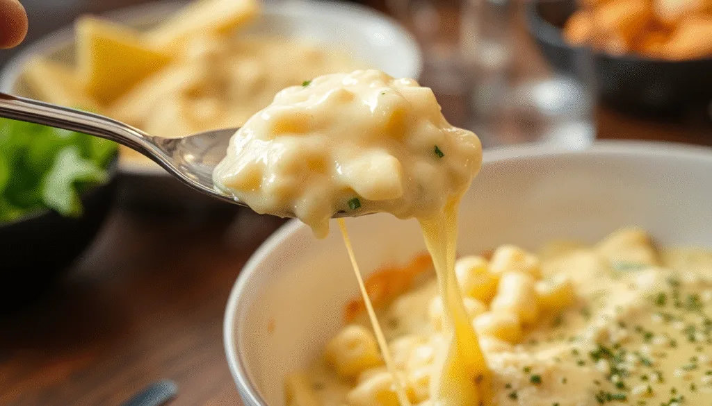 Gros plan sur une part de croziflette recette maison, montrant le fromage Reblochon filant et appétissant.