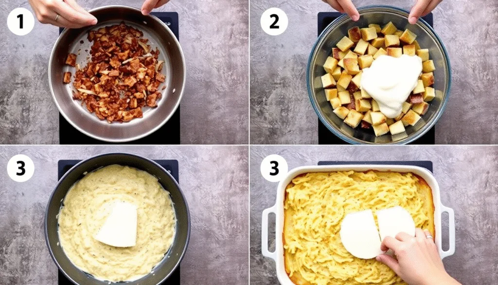 Infographie montrant les 4 étapes clés de la préparation de la croziflette recette, de la cuisson de la garniture au montage final.