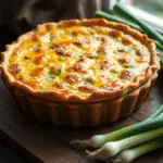 Une recette de quiche aux poireaux entière et dorée, servie dans un plat rustique, illustrant le résultat final de la recette quiche parfaite.