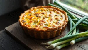 Une recette de quiche aux poireaux entière et dorée, servie dans un plat rustique, illustrant le résultat final de la recette quiche parfaite.