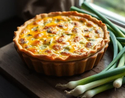 Une recette de quiche aux poireaux entière et dorée, servie dans un plat rustique, illustrant le résultat final de la recette quiche parfaite.