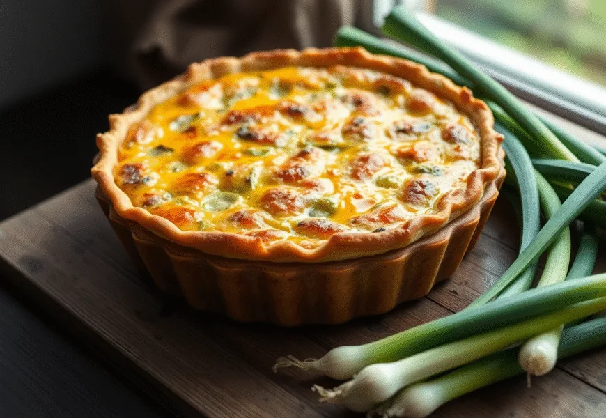 Une recette de quiche aux poireaux entière et dorée, servie dans un plat rustique, illustrant le résultat final de la recette quiche parfaite.