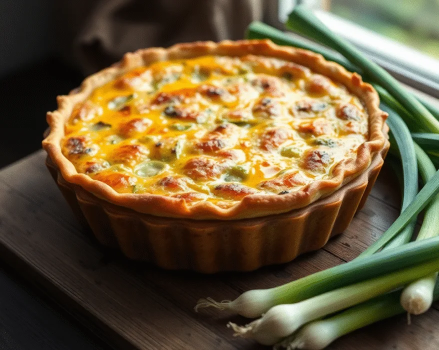 Une recette de quiche aux poireaux entière et dorée, servie dans un plat rustique, illustrant le résultat final de la recette quiche parfaite.
