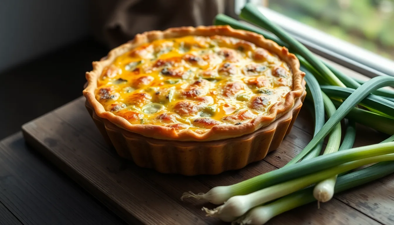 Une recette de quiche aux poireaux entière et dorée, servie dans un plat rustique, illustrant le résultat final de la recette quiche parfaite.
