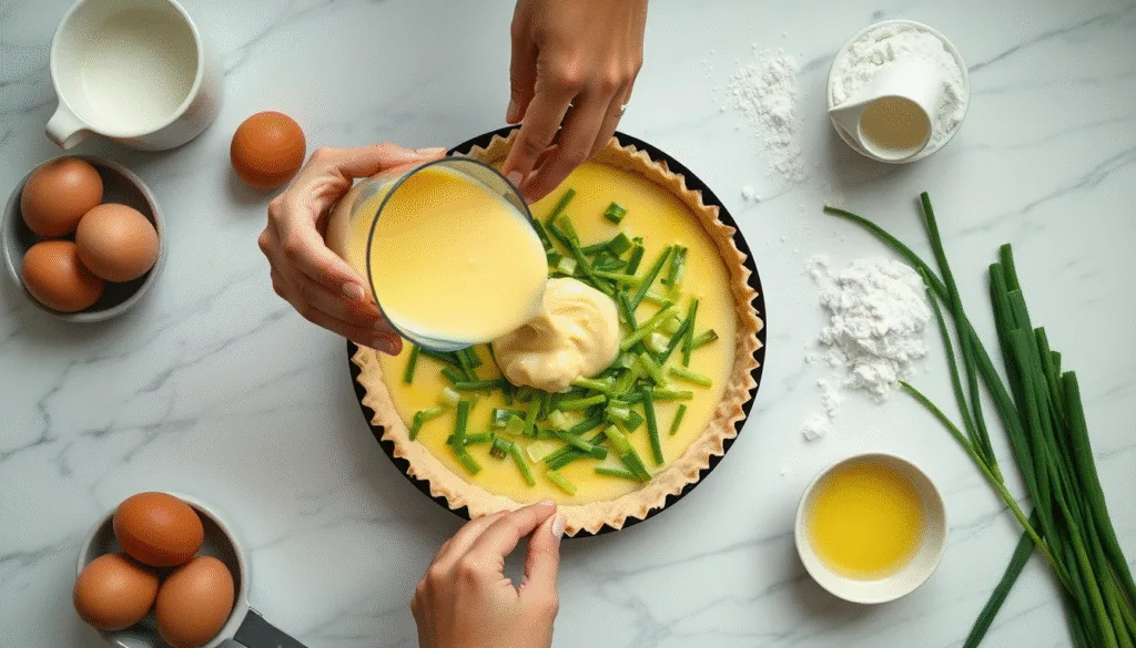 Préparation de l'appareil pour la recette quiche, versé délicatement sur une fondue de poireaux dans un fond de tarte.