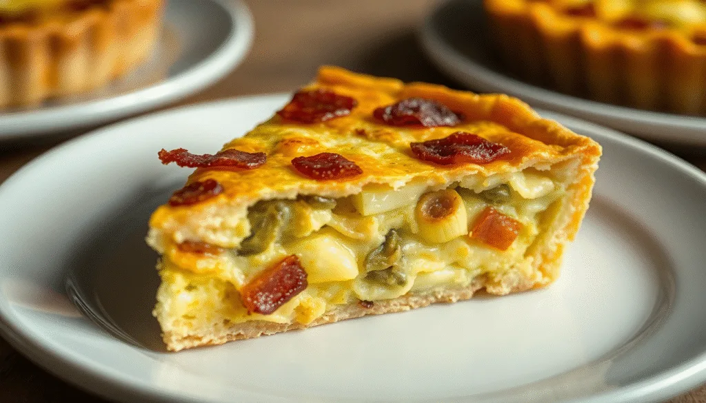 Gros plan sur une part de la recette quiche aux poireaux et lardons, montrant la texture onctueuse de la garniture et le croustillant de la pâte.