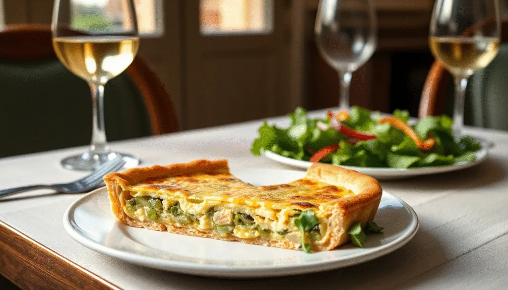Suggestion de présentation pour la recette quiche, servie avec une salade verte, pour un repas complet et équilibré.
