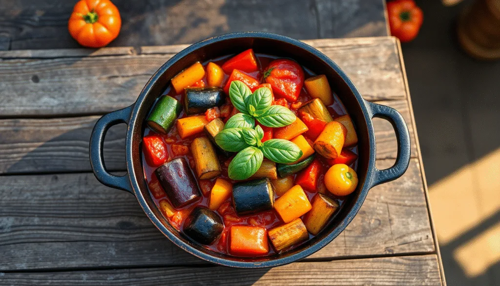 Une cocotte en fonte remplie de la recette ratatouille traditionnelle, avec des légumes colorés et un brin de basilic, photographiée en lumière naturelle.