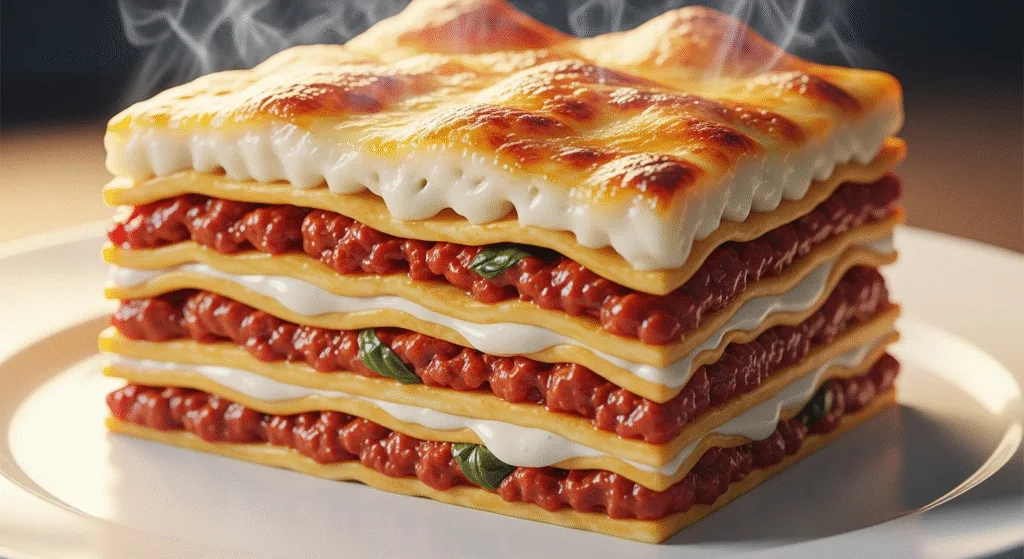Une part de la meilleure recette lasagne avec des couches bien définies et du fromage fondu.
