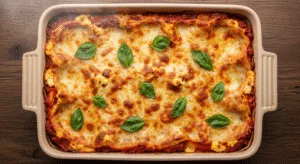 Un plat familial de lasagne epinard ricotta sortant du four.