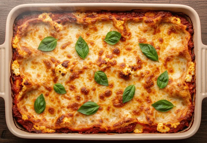 Un plat familial de lasagne epinard ricotta sortant du four.