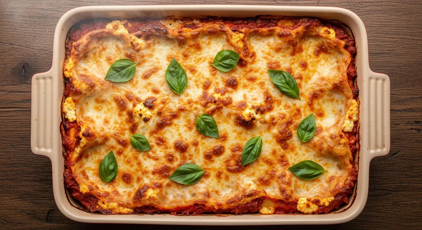 Un plat familial de lasagne epinard ricotta sortant du four.