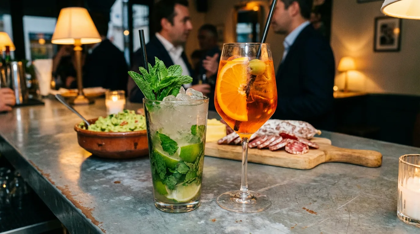 Cocktails Mojito et Spritz servis sur un comptoir avec des amuse-bouches illustrant lart de lapritif  la franaise