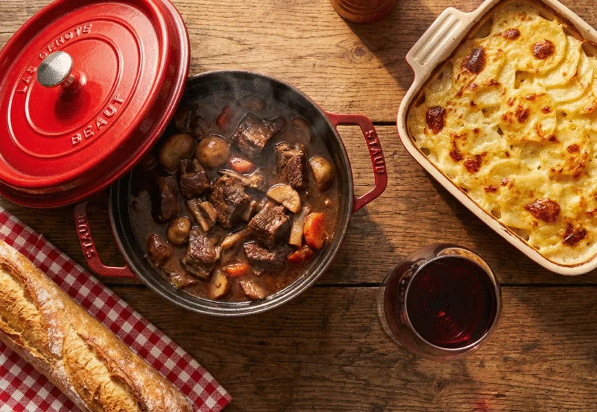 la Gastronomie française : Table en bois rustique avec une cocotte de bœuf bourguignon, un gratin doré et une baguette de pain, illustrant un repas de famille traditionnel français.