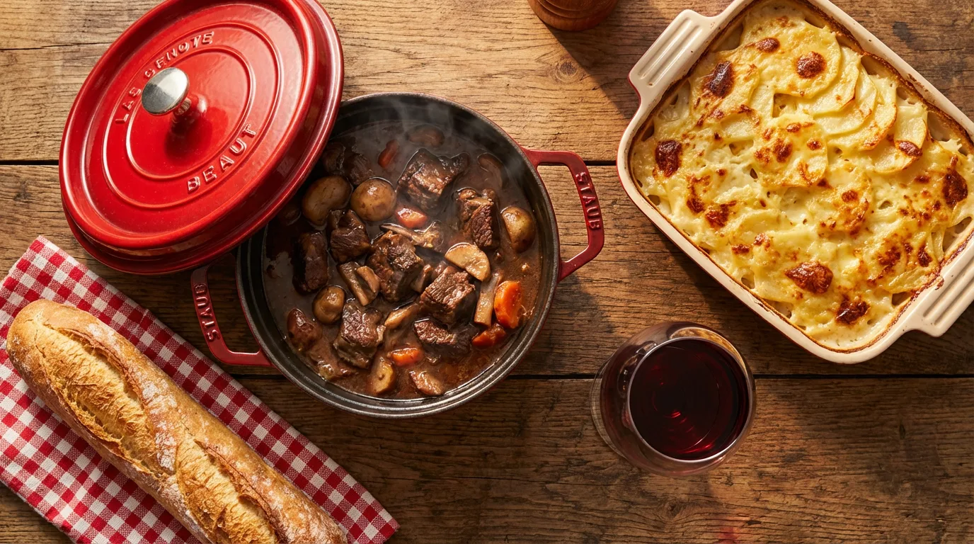 la Gastronomie française : Table en bois rustique avec une cocotte de bœuf bourguignon, un gratin doré et une baguette de pain, illustrant un repas de famille traditionnel français.