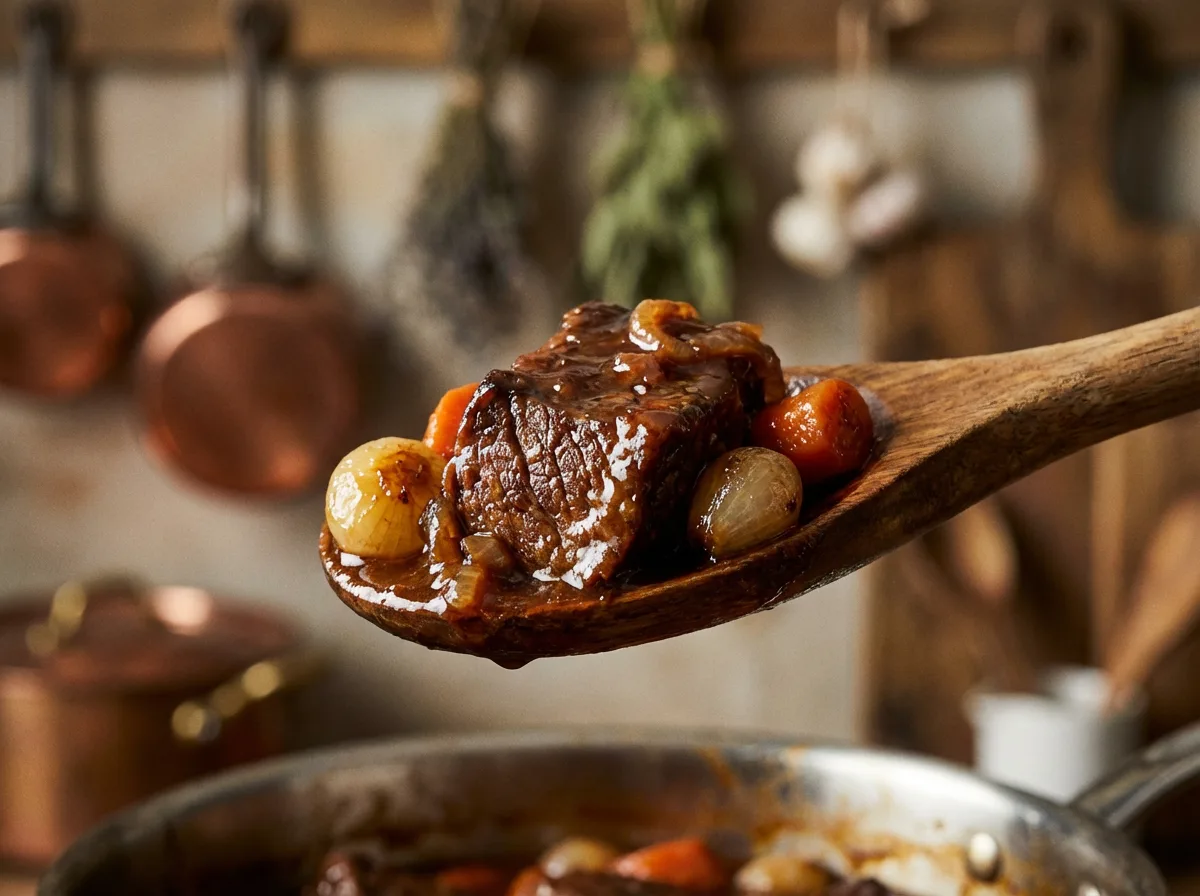 Gros plan sur une cuillre en bois soulevant un morceau de viande de buf fondant dans une sauce brune onctueuse avec des lgumes