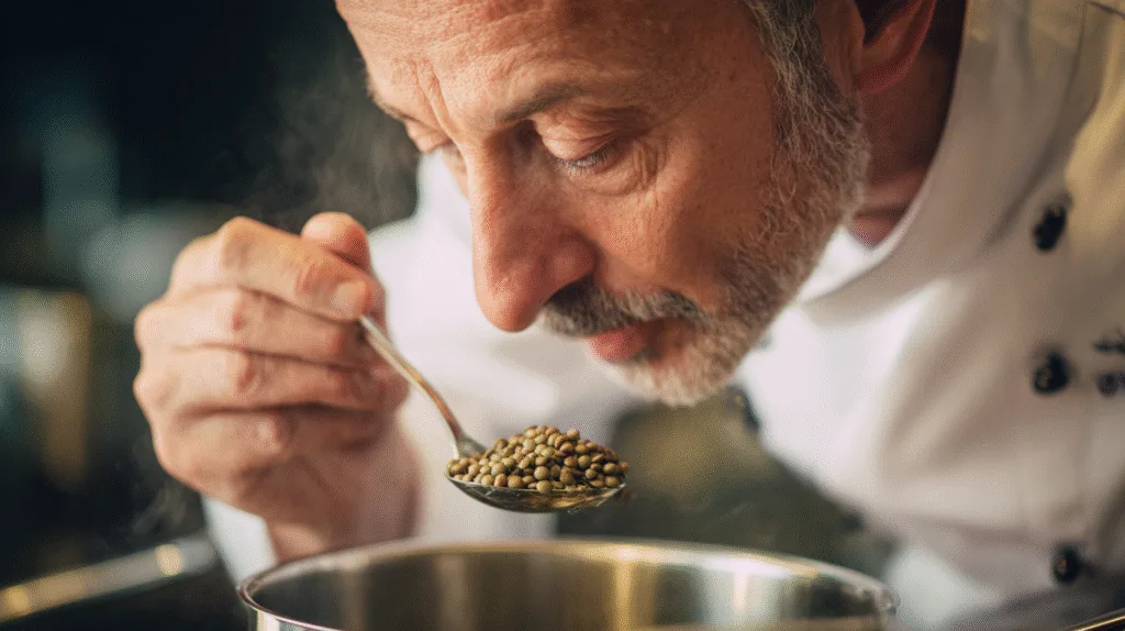 Un chef cuisinier vérifie la texture parfaite de la cuisson lentilles vertes à la casserole.